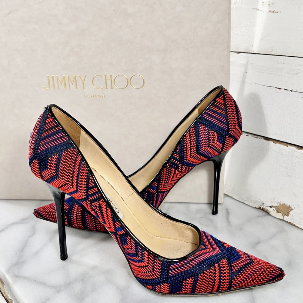 Jimmy Choo Red & Navy Geometric Pattern Woven Pointed Toe Heels